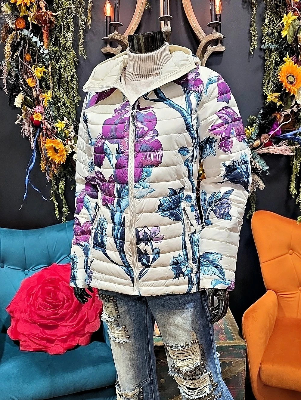 Columbia Omni-Heat Hooded Floral Puffer Jacket